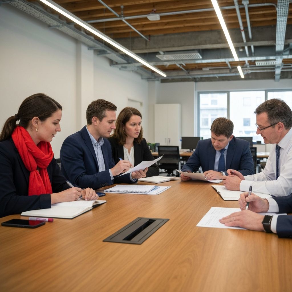 Команда обсуждает и анализирует материалы в офисной среде