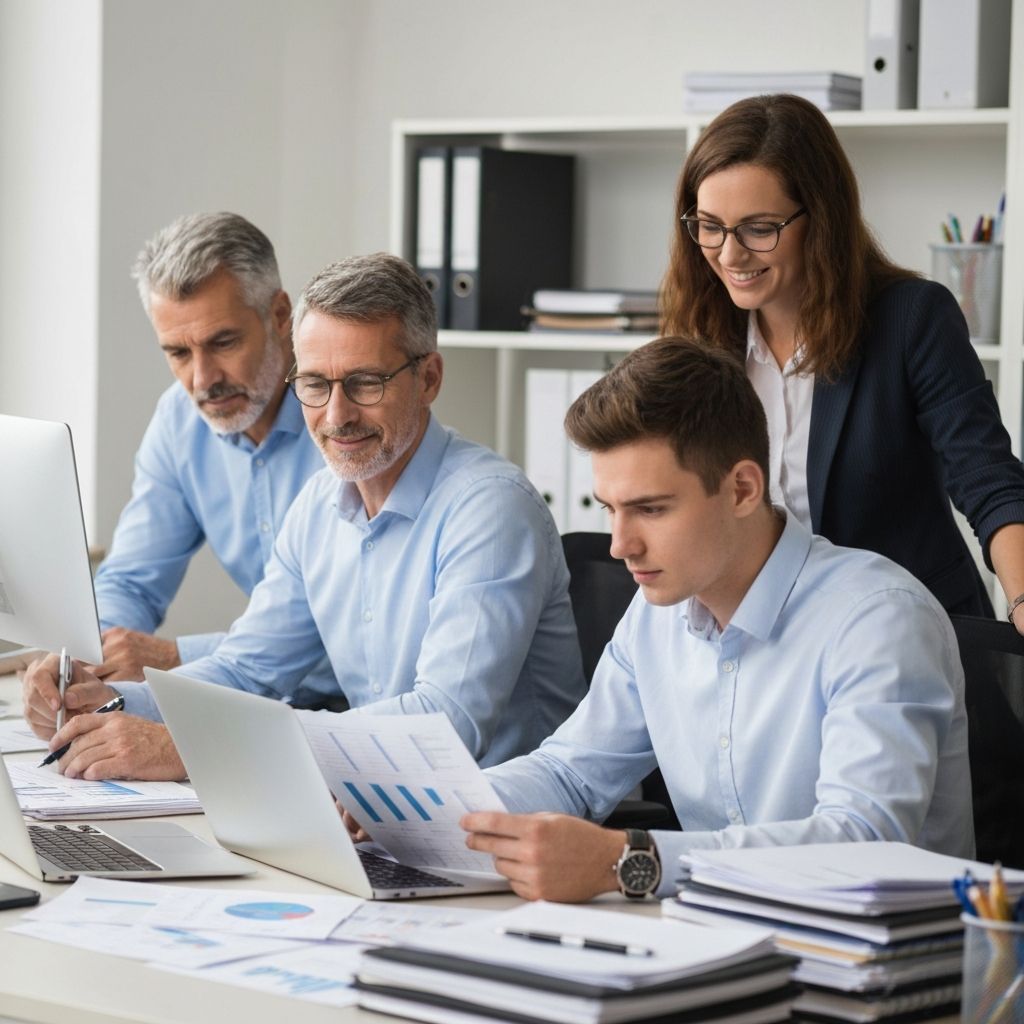 Офисная команда работает с документами и информационными системами
