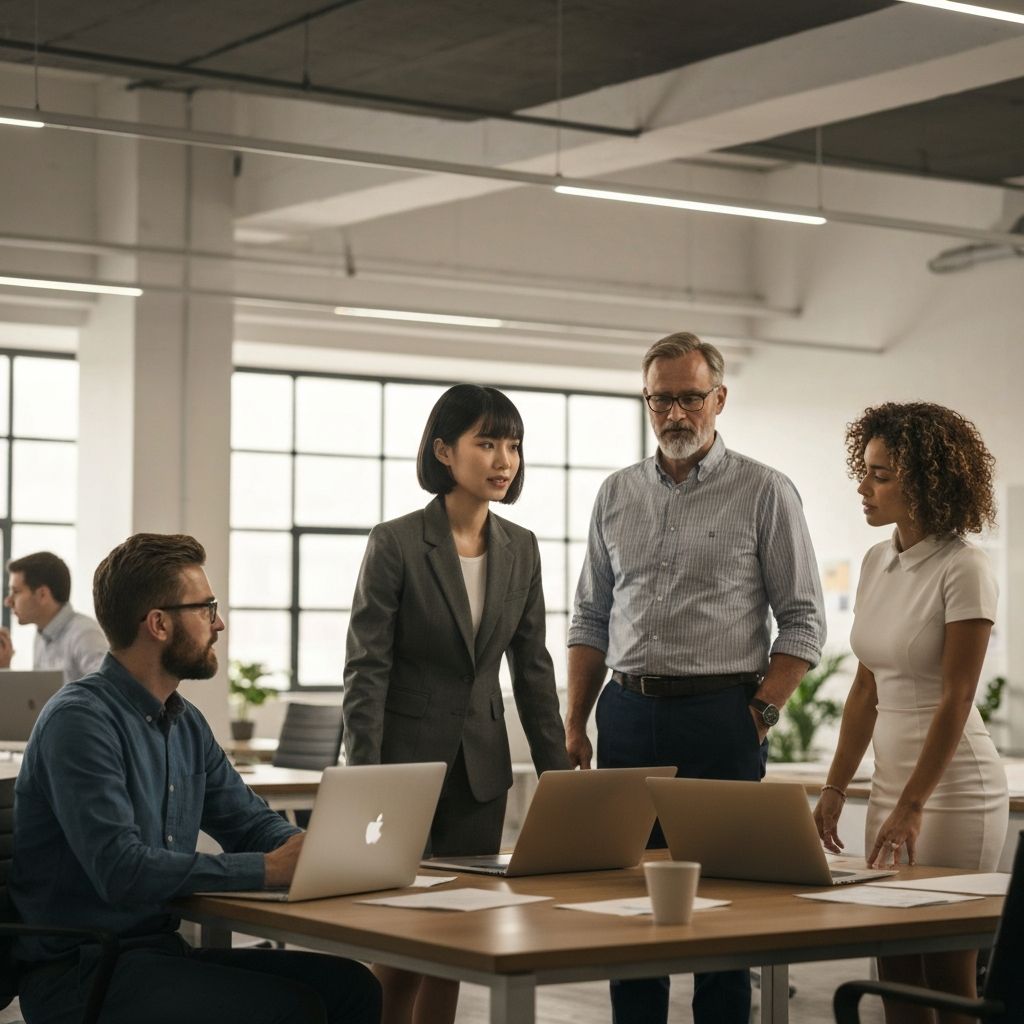 Офисная рабочая сцена с людьми, взаимодействующими над задачами