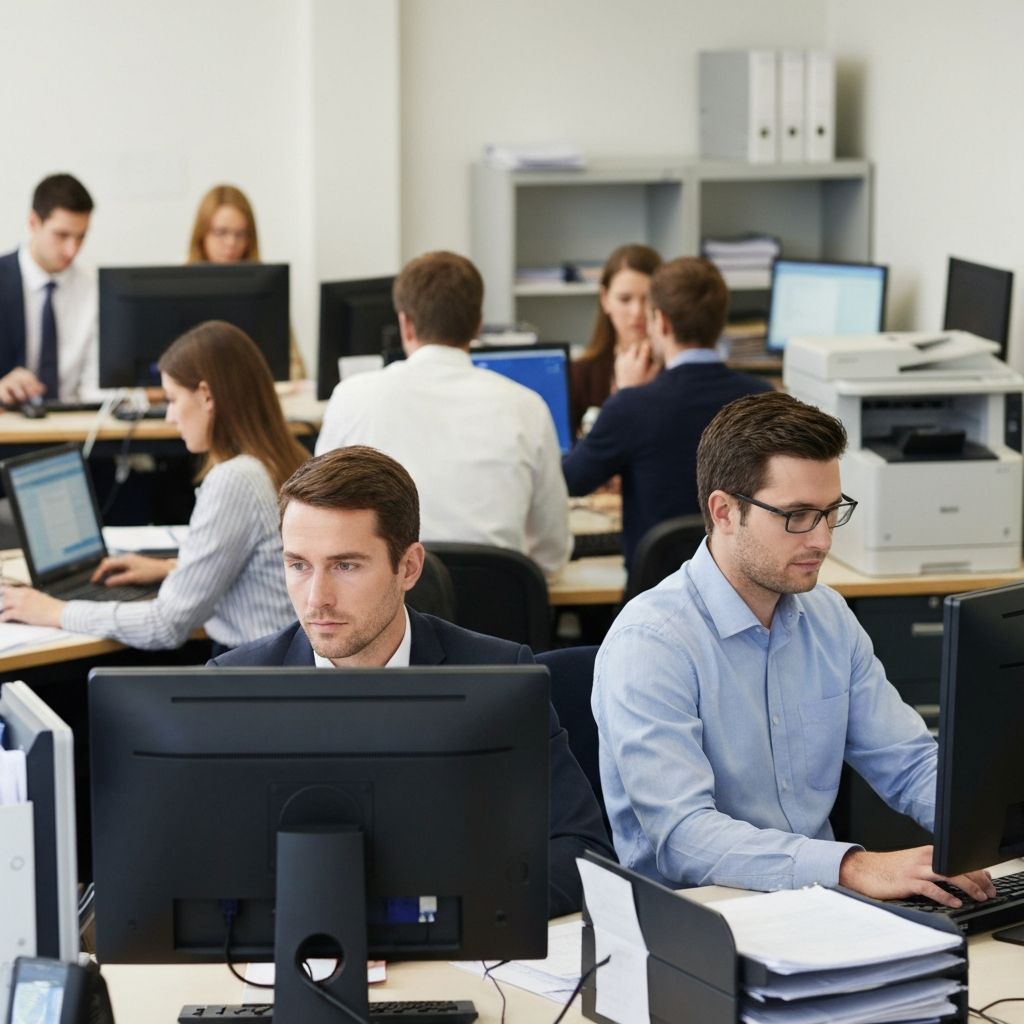 Офисная среда с людьми, работающими на компьютерах